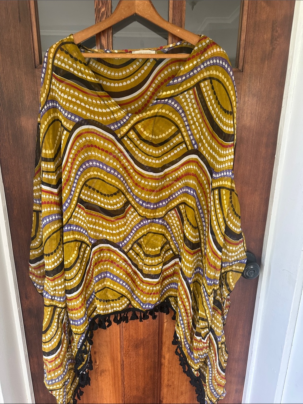 Lara Guidotti Italy Silk Blend Geometric Heart Poncho Kaftan Tassel Top M